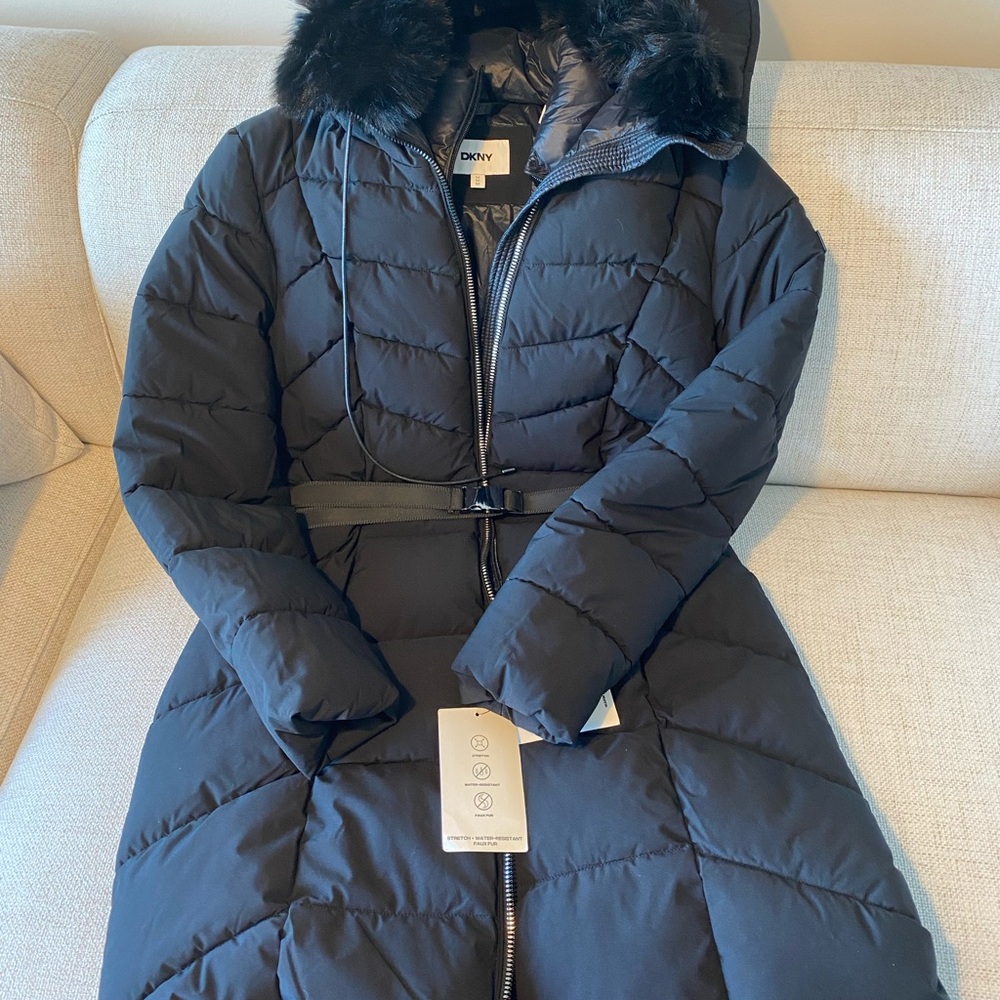 DKNY Navy Puffer Coat with Faux Fur Collar